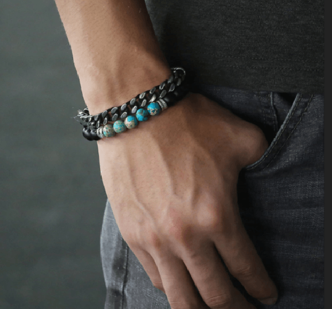 Jasper ,Howlite & Onyx Stone +Steel LInk 2pc TRANQUILITY Bracelet Set