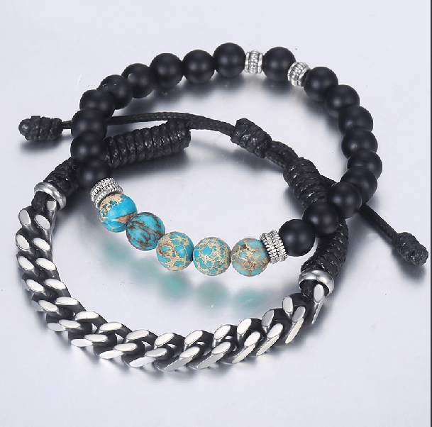 Jasper ,Howlite & Onyx Stone +Steel LInk 2pc TRANQUILITY Bracelet Set