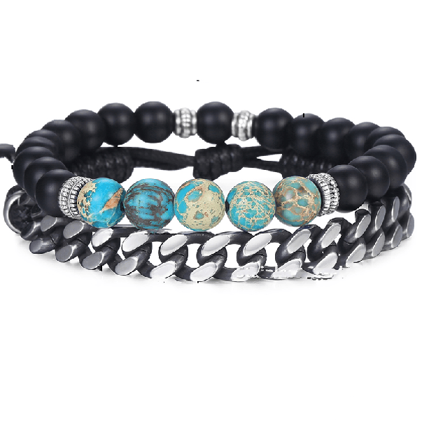 Jasper ,Howlite & Onyx Stone +Steel LInk 2pc TRANQUILITY Bracelet Set