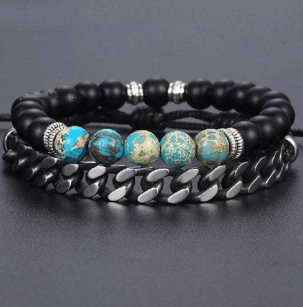 Jasper ,Howlite & Onyx Stone +Steel LInk 2pc TRANQUILITY Bracelet Set