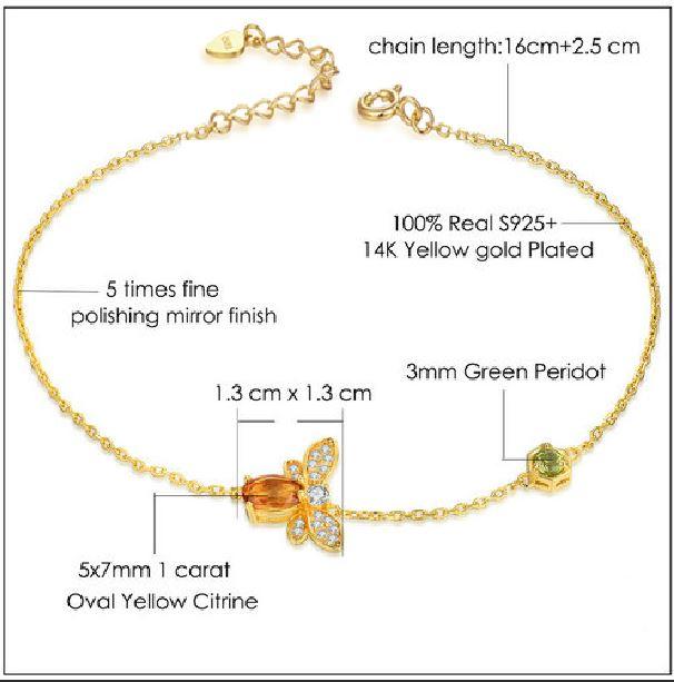 14K Gold Plated Silver Citrine Gemstone Honey Bee WEALTH ATTRACTING Bracelet