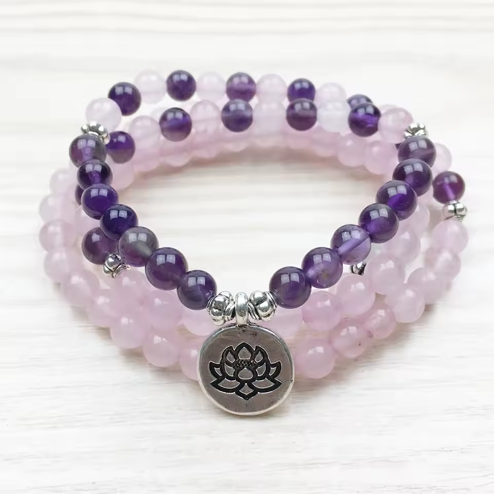 108 Bead Rose Quartz & Amethyst LOVE STONES Mala Charm Bracelet