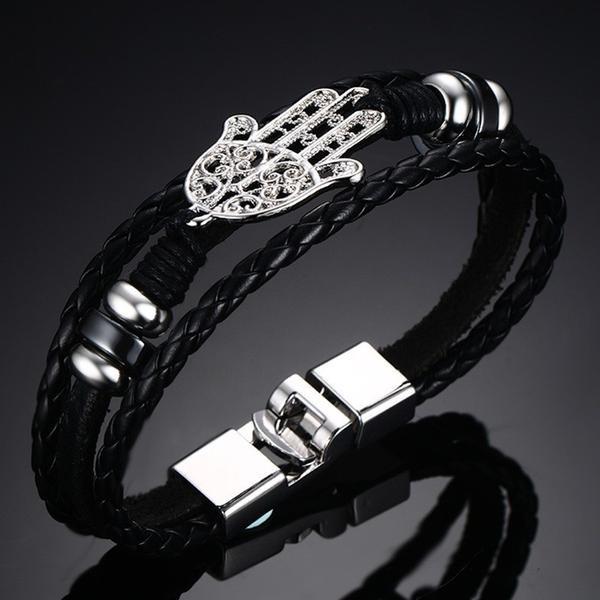 Black Braided Leather Bracelet Hand of Fatima and Evil Eye