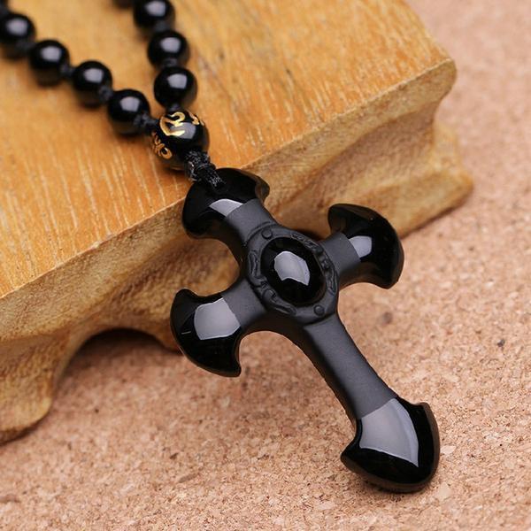 Natural Black Obsidian Carved Cross