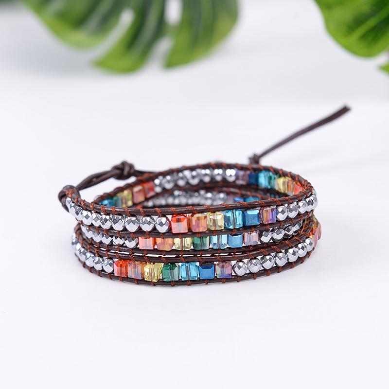 Handmade 7 Chakra Crystal & Hematite Leather Wrap Bracelet