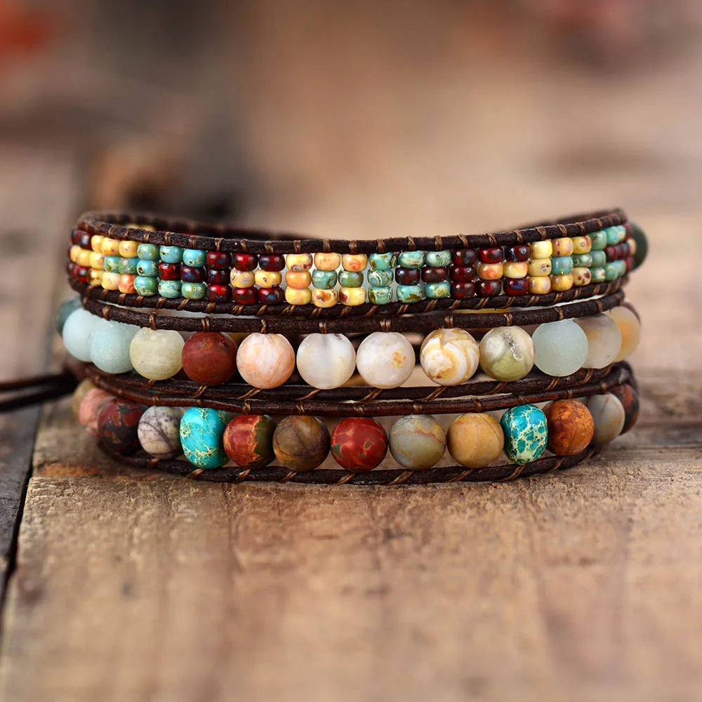 Vintage Leather Jasper Wrap Bracelet