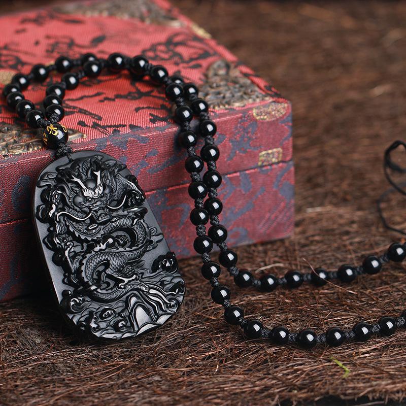 Natural Black Obsidian Dragon Amulet Pendant Necklace