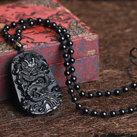 Thumbnail for Natural Black Obsidian Dragon Amulet Pendant Necklace