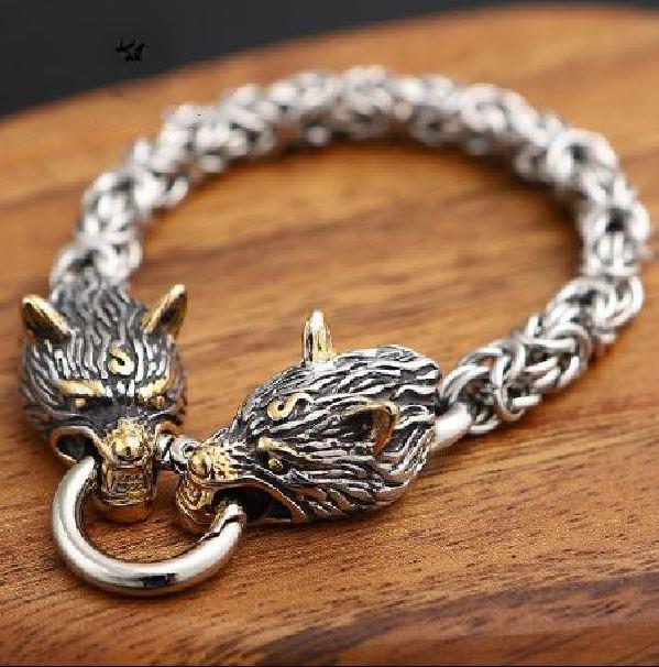 Stainless Steel Nordic DOUBLE WOLF Head ANIMAL SPIRIT King Chain Bracelet