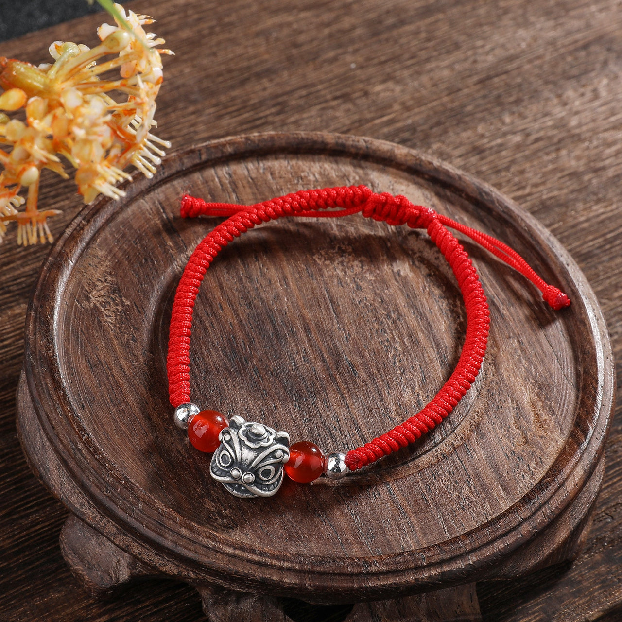 Red Rope & Silver with Natural Red Agate Dragon Bracelet