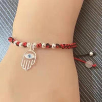 Thumbnail for Sterling Silver Hamsa Hand 'Nazar Eye' Red & Black Rope Bracelet