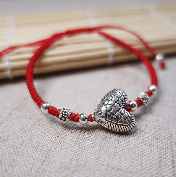 Sterling Silver LOVING HEART Fish Red  Rope Bracelet