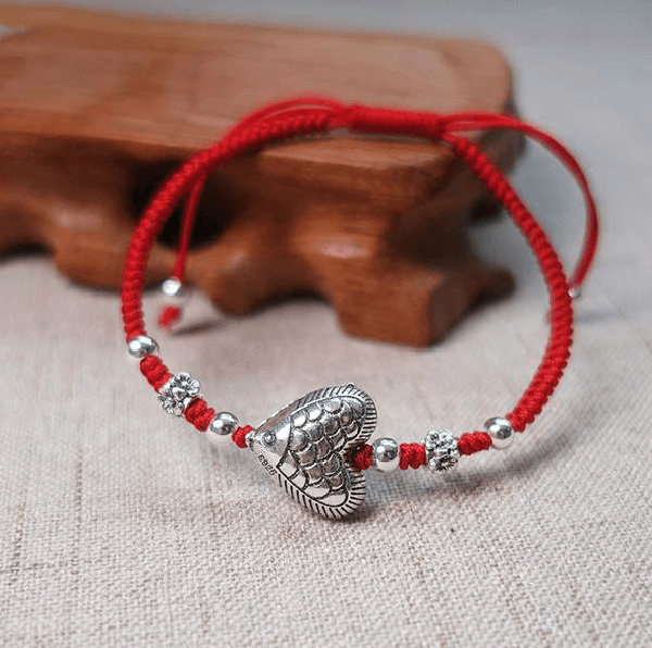 Sterling Silver LOVING HEART Fish Red  Rope Bracelet