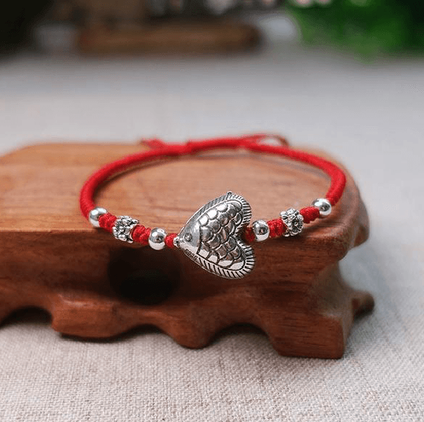 Sterling Silver LOVING HEART Fish Red  Rope Bracelet