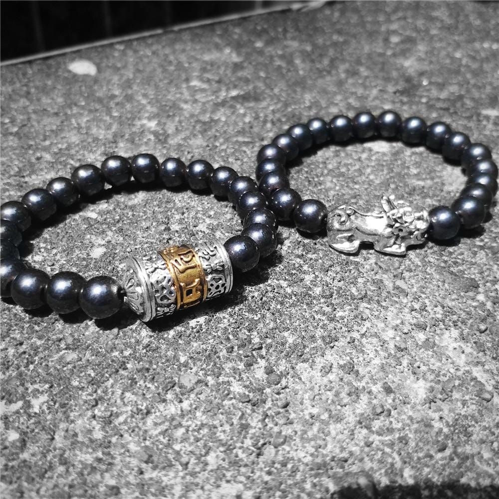 Feng Shui Pixiu with Hematite Stone & Prayer Wheel Accent POWERFUL PROTECTOR 2pc Bracelet set