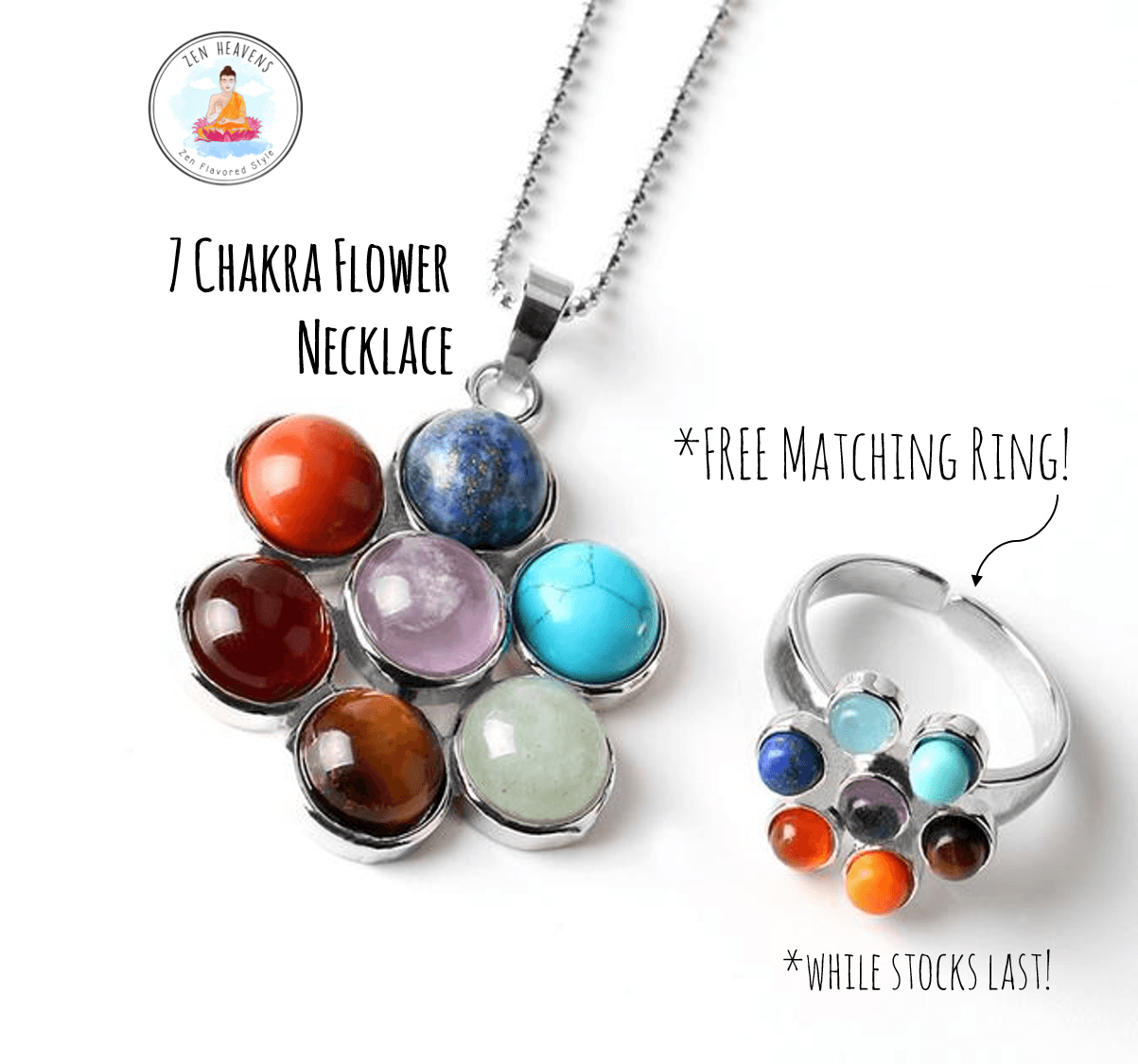 7 Chakra Natural Stone Flower Pendant Necklace ** With FREE Matching RING while stocks last!