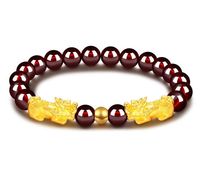 24K Gold Plated PIXIU /APPLE / FLOWER Accents & Genuine GARNETS Wealth / Peace Bracelet