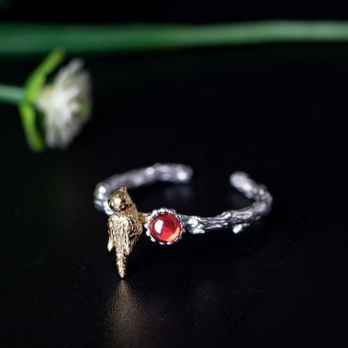 Golden Bird and Red Garnet Silver Ring