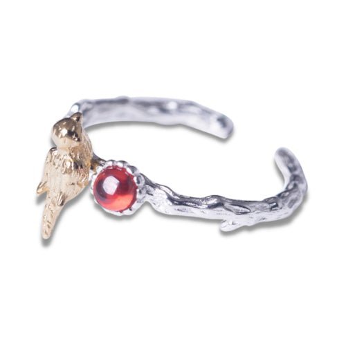 Golden Bird and Red Garnet Silver Ring