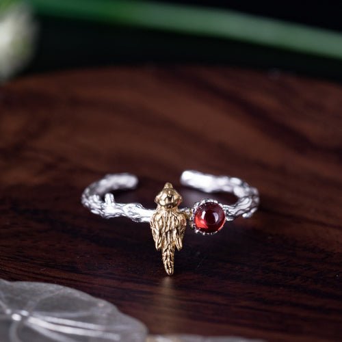 Golden Bird and Red Garnet Silver Ring