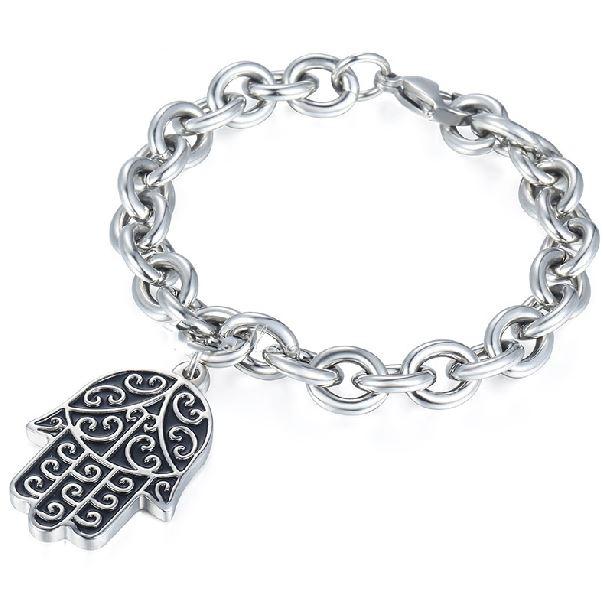 Hamsa Hand Evil Eye Steel Bracelet for Men-Fits up to 10" wrist