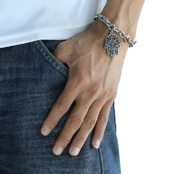 Hamsa Hand Evil Eye Steel Bracelet for Men-Fits up to 10" wrist