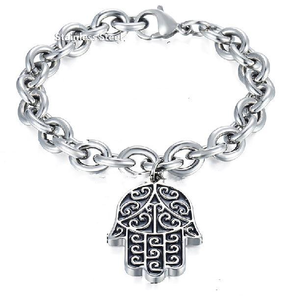 Hamsa Hand Evil Eye Steel Bracelet for Men-Fits up to 10" wrist