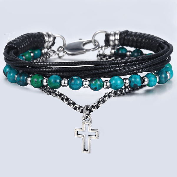 Chrysocolla Stone , Leather & Box Link  3pc  DETOX Bracelet Set