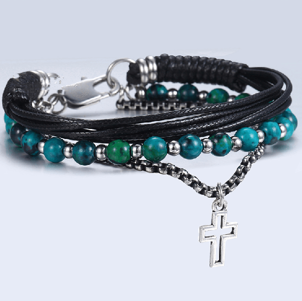 Chrysocolla Stone , Leather & Box Link  3pc  DETOX Bracelet Set