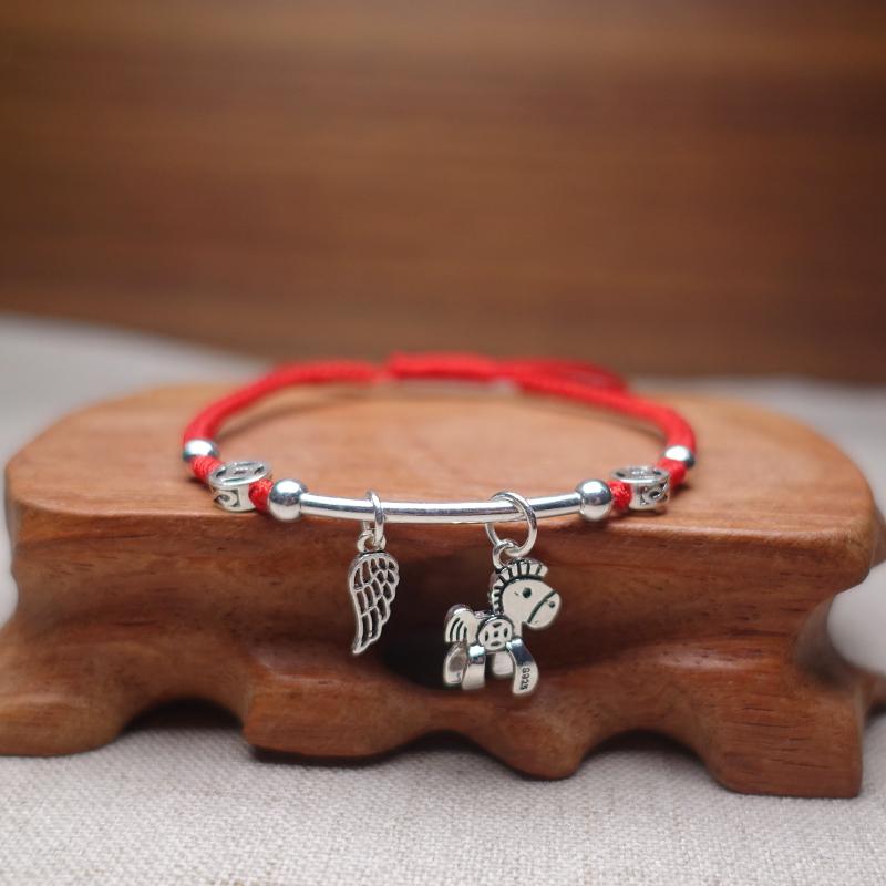 Sterling Silver  WIND HORSE  Red Rope Bracelet