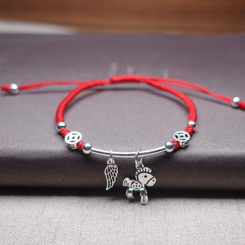 Sterling Silver  WIND HORSE  Red Rope Bracelet