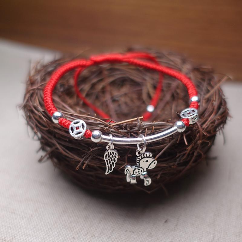 Sterling Silver  WIND HORSE  Red Rope Bracelet