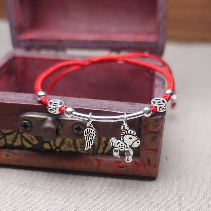 Sterling Silver  WIND HORSE  Red Rope Bracelet