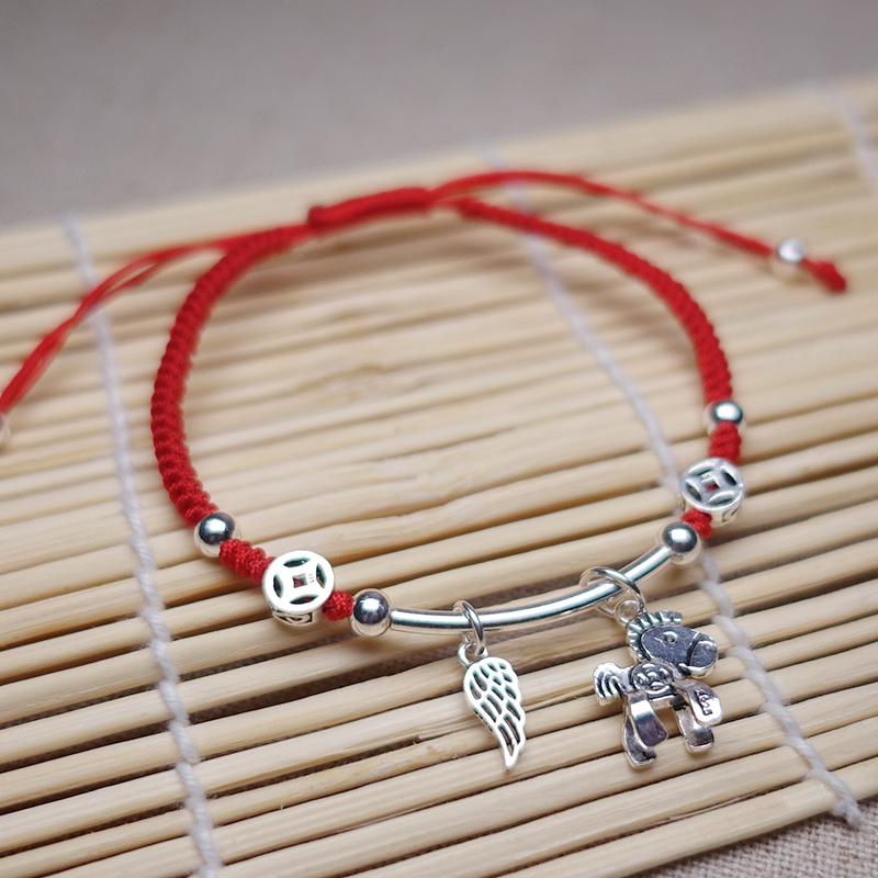 Sterling Silver  WIND HORSE  Red Rope Bracelet