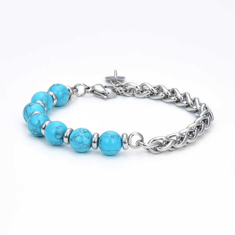 Mens Turquoise & Cuban Link Stainless Steel 3 in 1 HEALING Bracelet