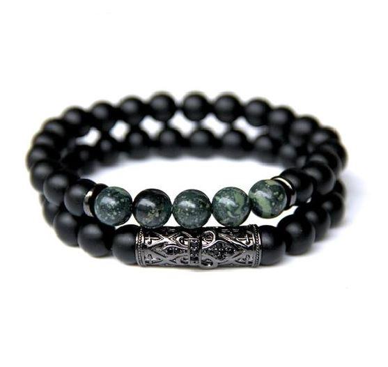 2/pc Natural Black Onyx & Kambaba Jasper' FOR PEACE'  Men's Bracelet  Set