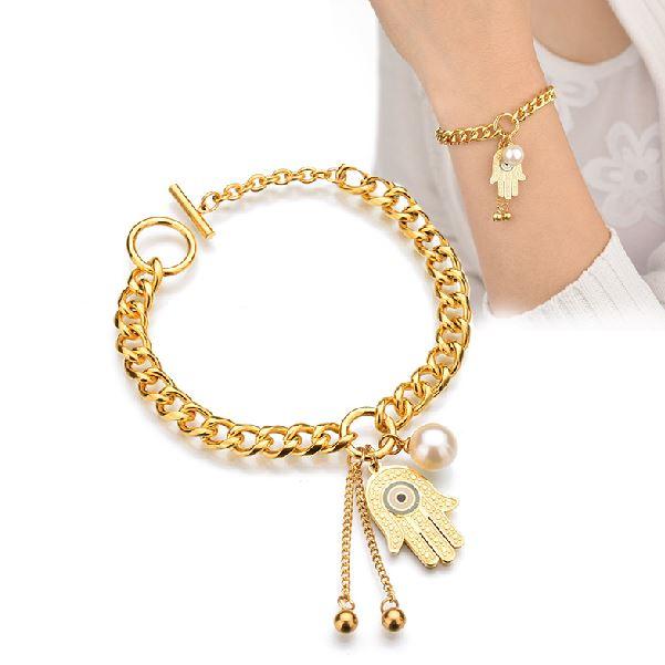 Hamsa Hand  & Pearl Stainless Steel EVIL EYE Bracelet