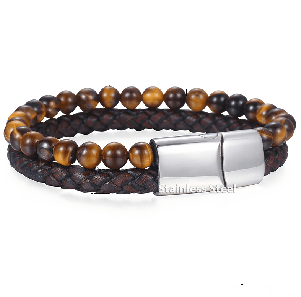 Mens Genuine Leather &  Tiger Eye  WILLPOWER Bracelet