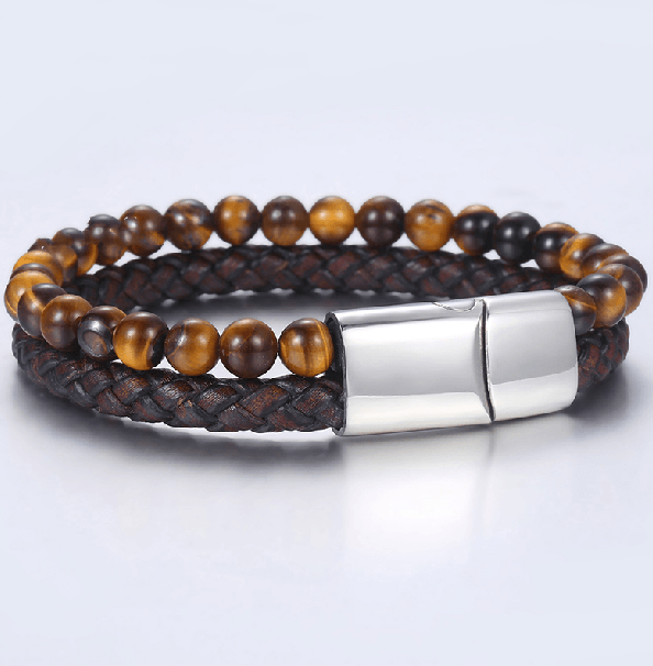 Mens Genuine Leather &  Tiger Eye  WILLPOWER Bracelet