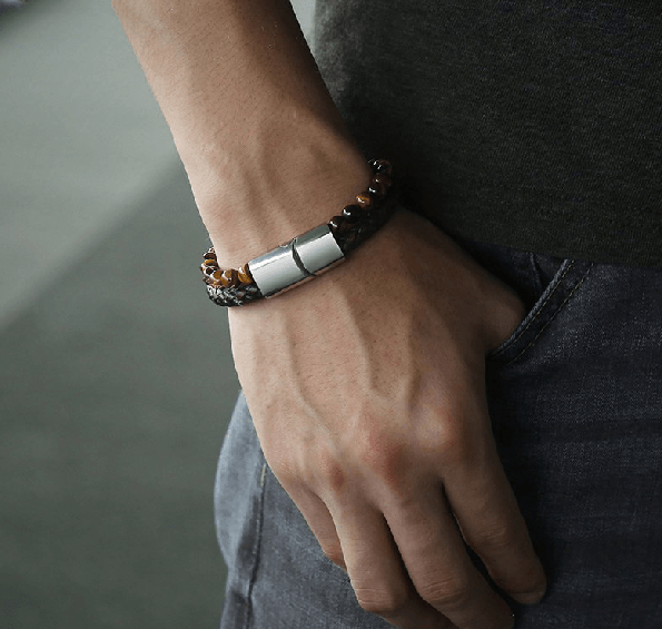 Mens Genuine Leather &  Tiger Eye  WILLPOWER Bracelet