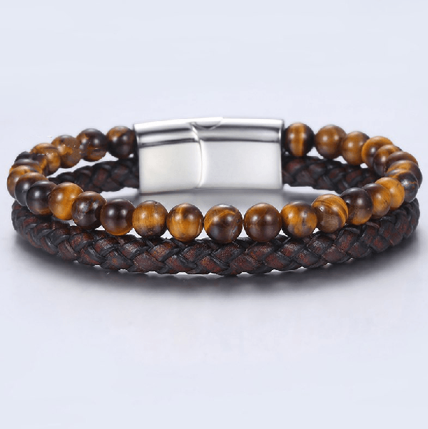 Mens Genuine Leather &  Tiger Eye  WILLPOWER Bracelet