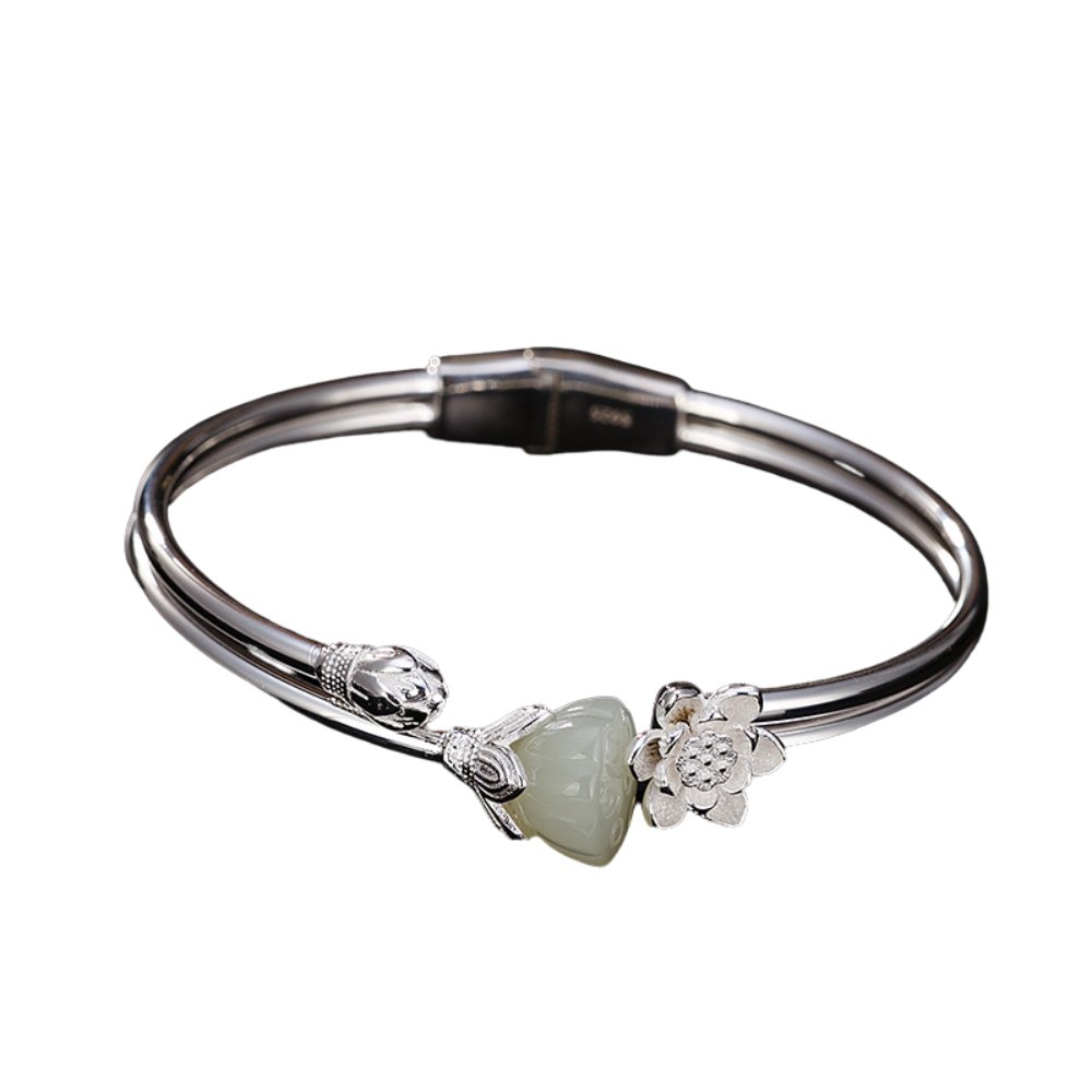 Lotus Jade Silver Bangle