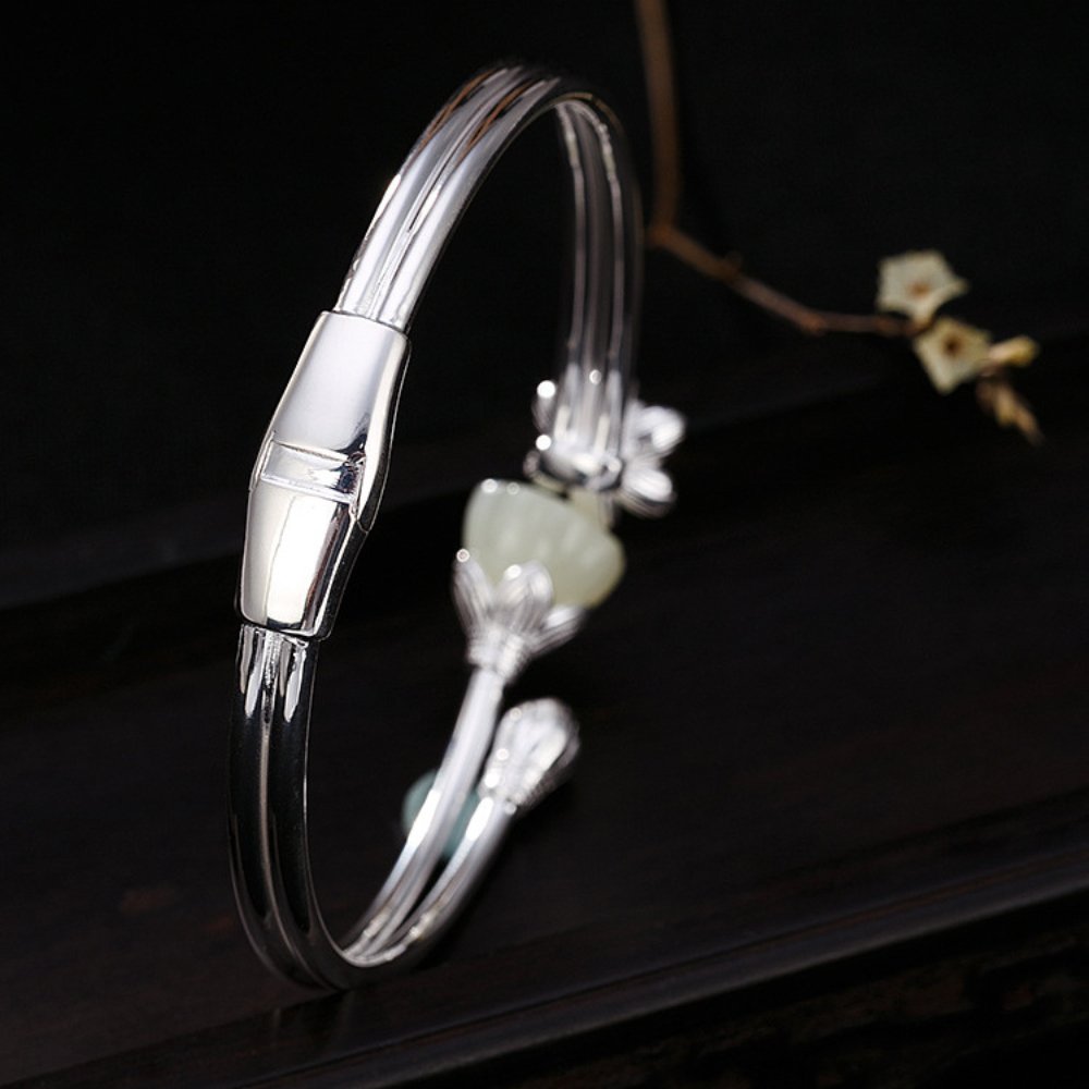 Lotus Jade Silver Bangle