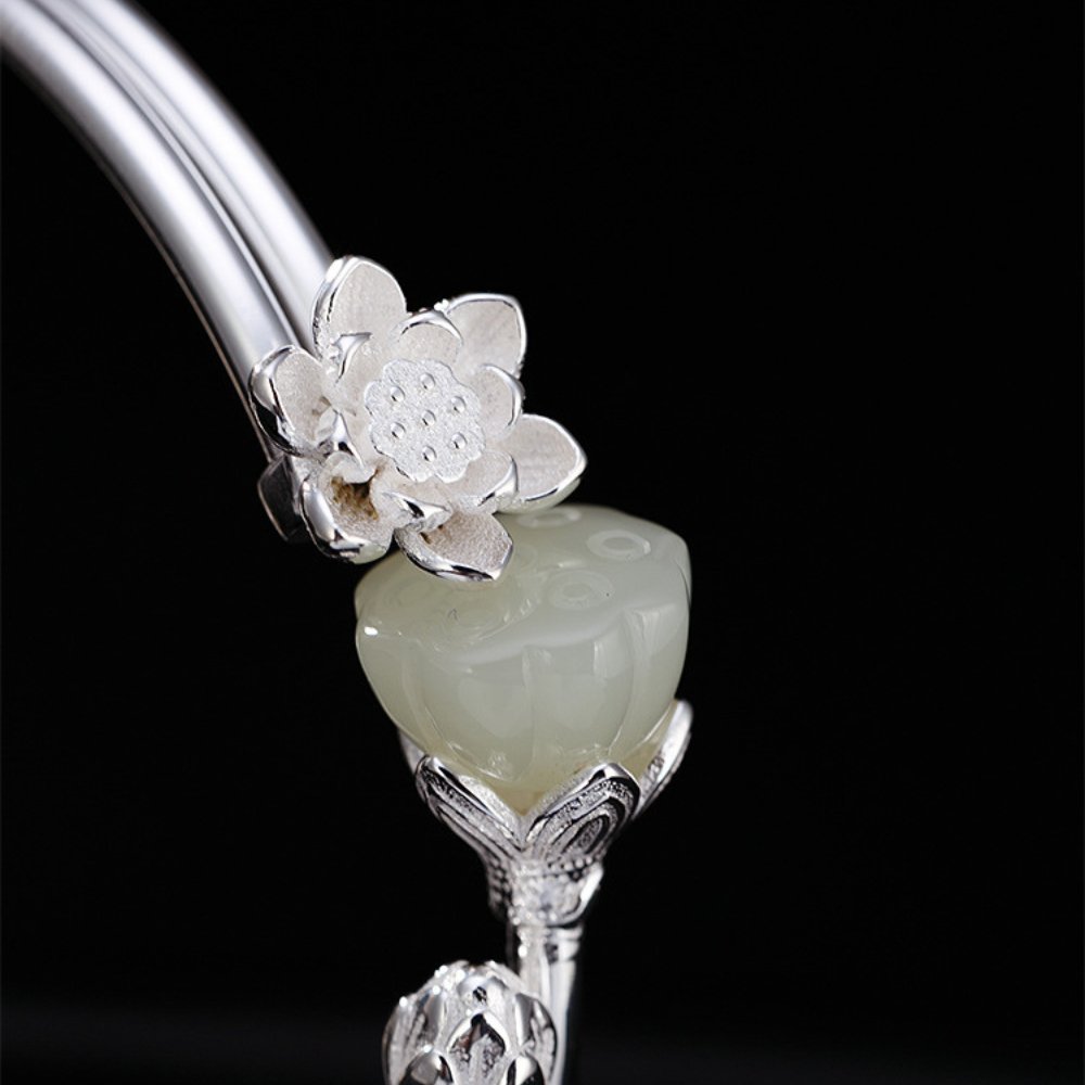 Lotus Jade Silver Bangle