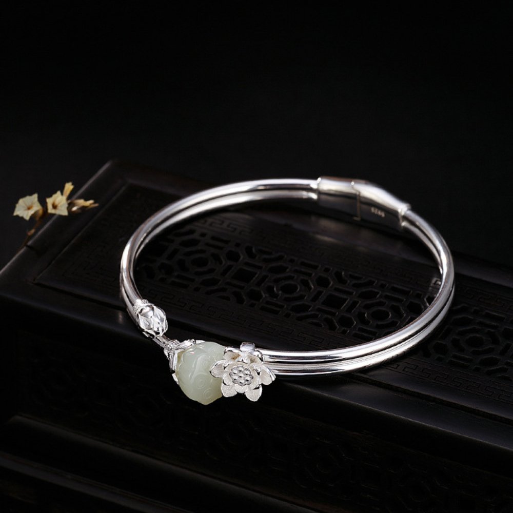 Lotus Jade Silver Bangle