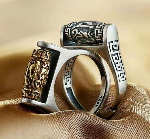 Sterling Silver Tibetan 6 SYLLABLE MANTRA Spinning Prayer Wheel Ring