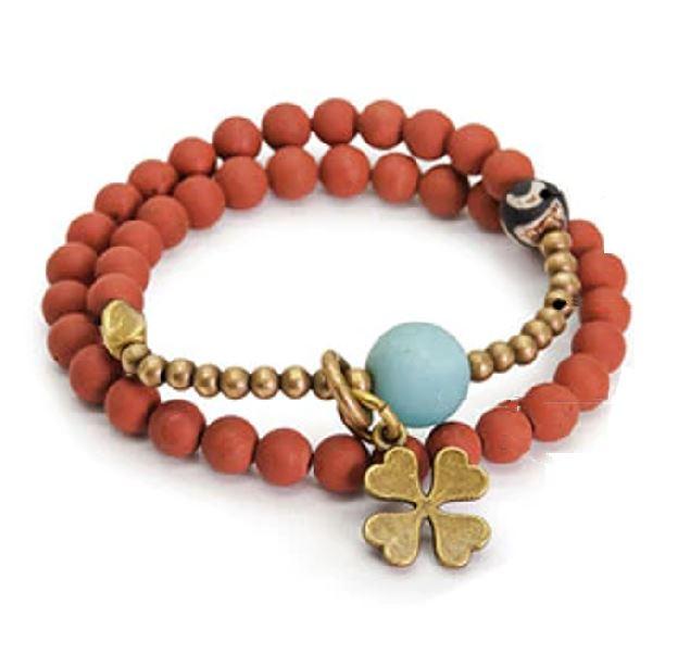 Matte Red Jasper & Tibetan Dzi POSITIVITY Bead Lucky 4 LEAF CLOVER Bracelet