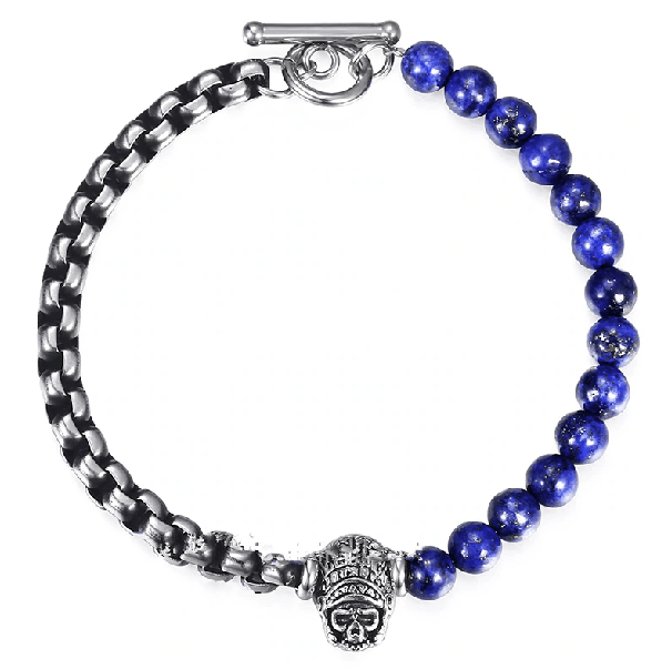 Natural Lapis Lazuli  & Steel  Link 2 pc Men's Skull CAREER  Bracelet