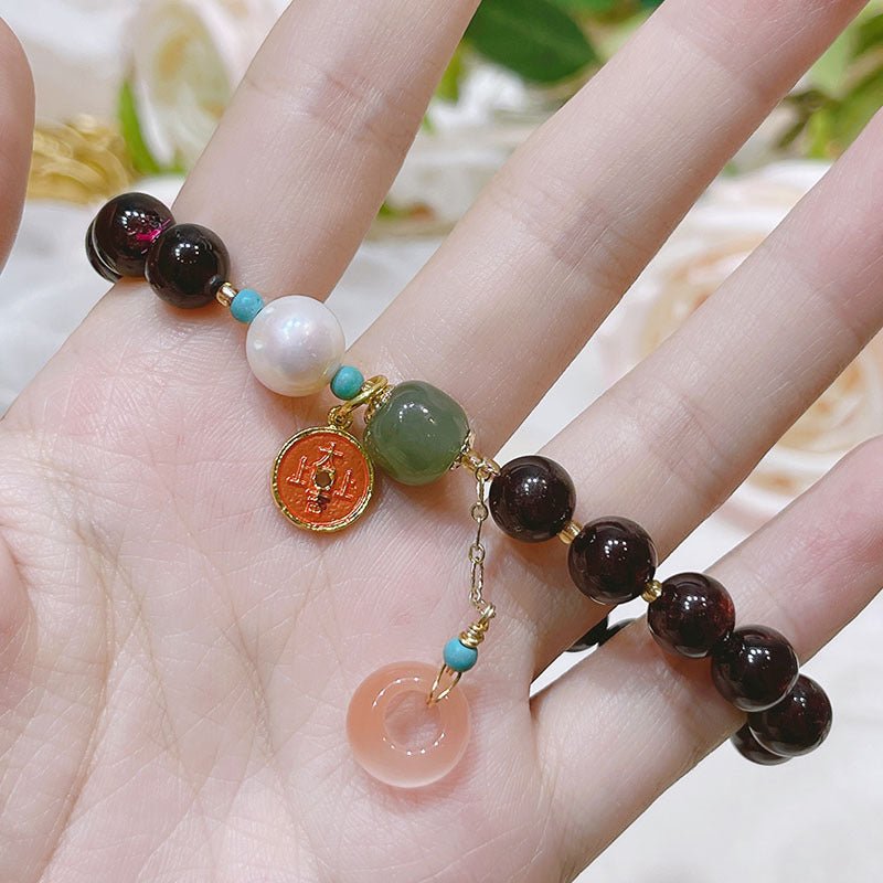 Natural Garnet with Jade Charm Bracelet