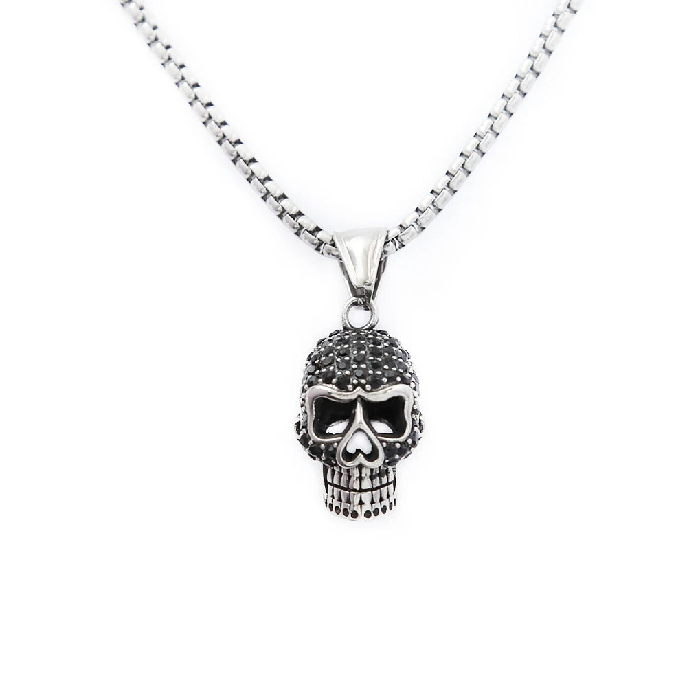 Silver & Zirconia Beaded Skull Pendant Necklace